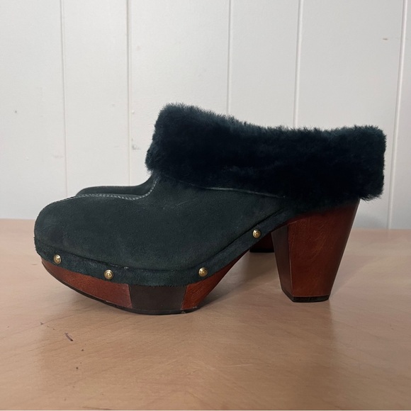 Rockport Shoes - Rockport Forest Green Suede Wooden Clog with Faux Fur Trim Women's